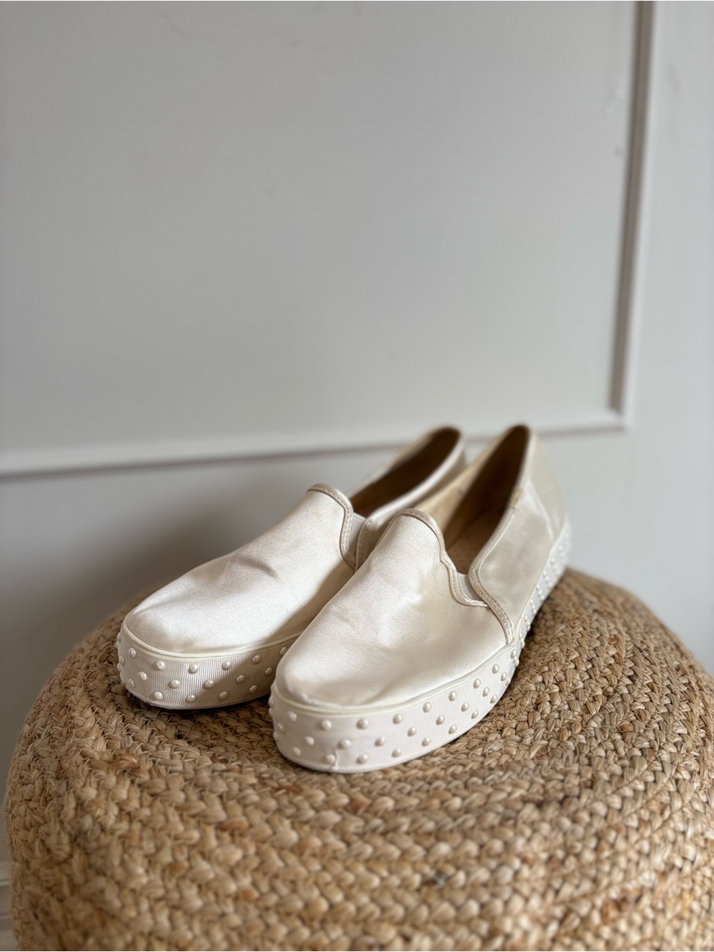 Women’s Pearl White Slip-On Studded Platform Sneakers
